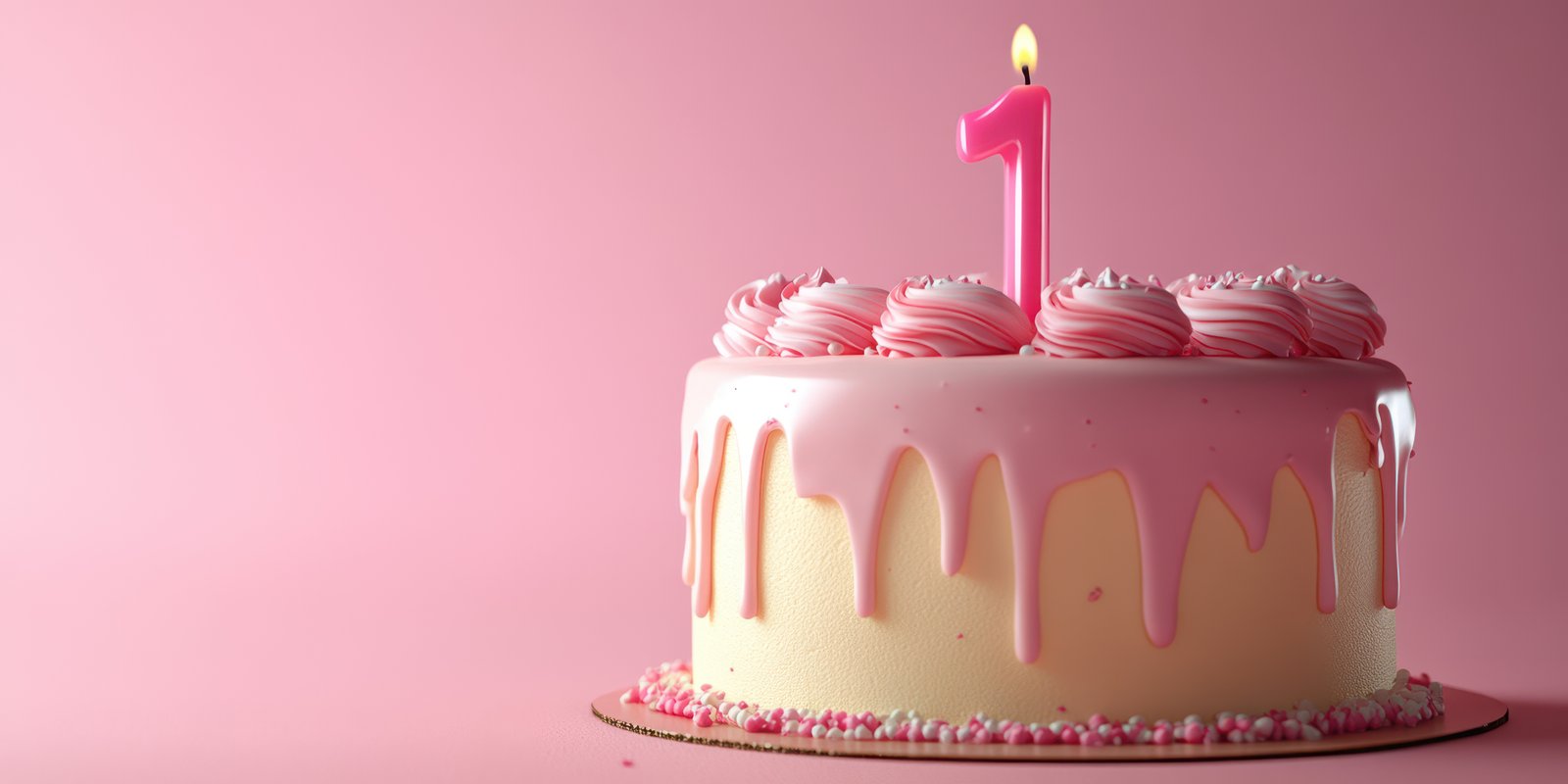 Sweet one year birthday cake with pink frosting and a single candle in a delightful setting